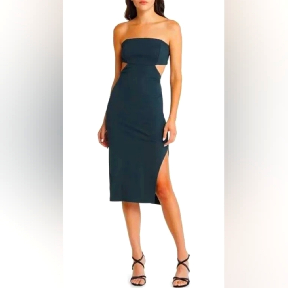 Socialite Dark Green Strapless Midi-Dress with Side Cut-outs, Size Medium